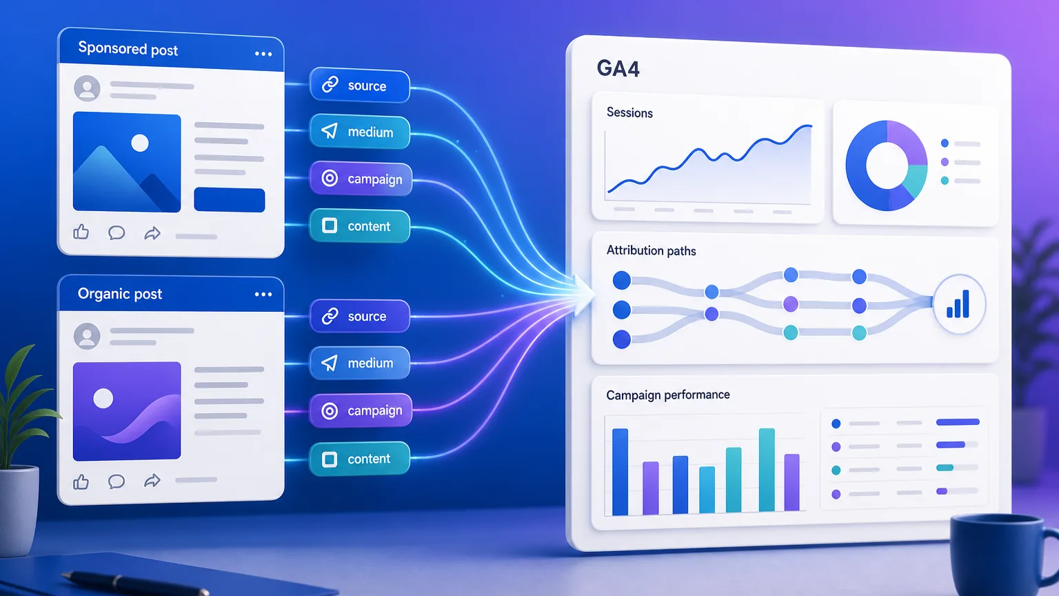 LinkedIn-style organic and sponsored post cards connected by source, medium, campaign, and content UTM tags into a GA4 analytics dashboard.