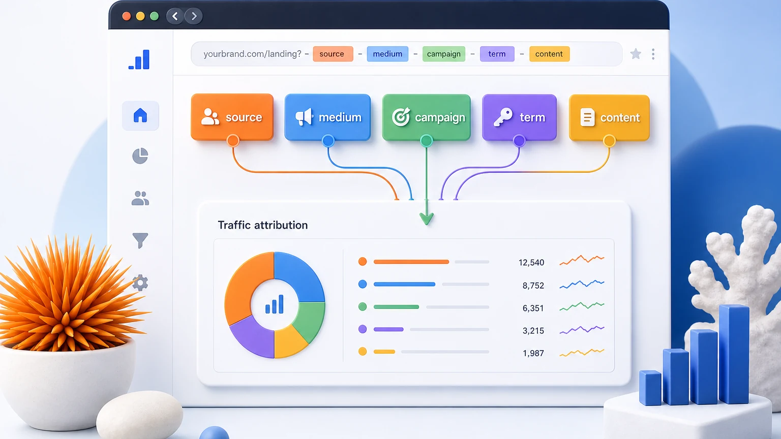 A clean marketing analytics dashboard showing a campaign URL split into source, medium, campaign, term, and content UTM parameter chips flowing into traffic attribution charts.